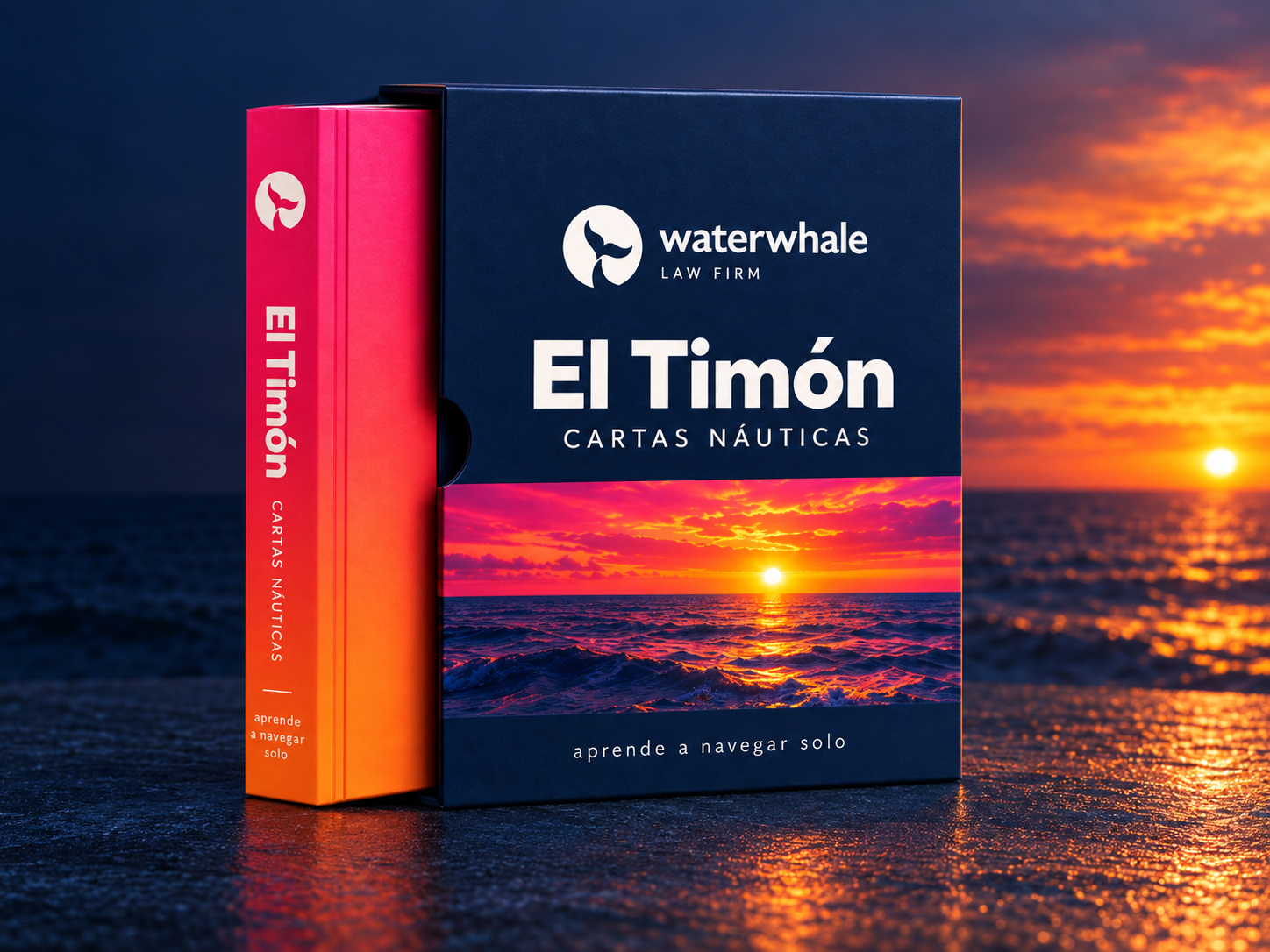 Libro El Timón de Waterwhale frente al mar al atardecer